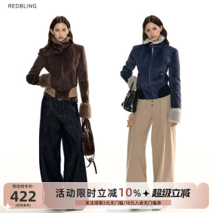 RedBling原创设计麂皮夹棉加厚保暖外套冬季新款短款收腰夹克棉衣