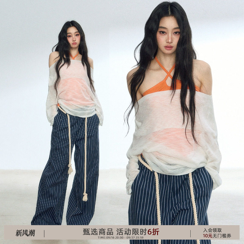 RedBling 原创设计新款双色一字肩长袖针织衫慵懒罩衫外搭上衣女
