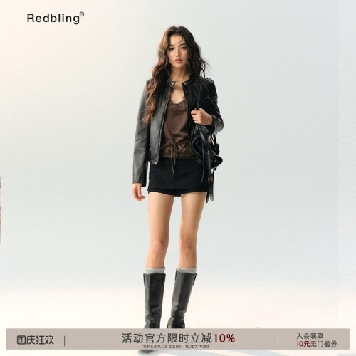 RedBling 原创设计复古机车风酷飒皮衣百搭街头外套立领柔润长袖