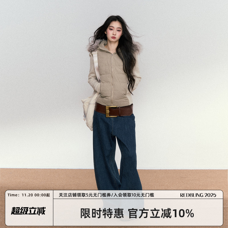 RedBling 原创设计秋冬新款收腰显瘦毛领连帽短款棉服排骨外套女