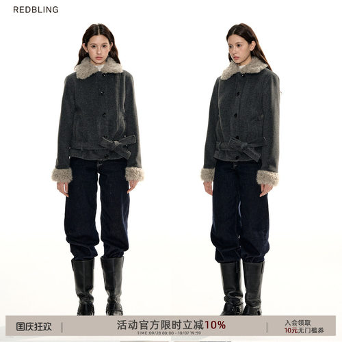 RedBling 原创设计灰色复古正肩绑带毛呢外套女冬季短款棉服外衣