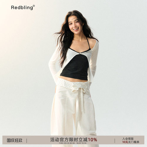 RedBling 原创设计分体式真两件套装挂脖波点吊带辣妹风镂空罩衫