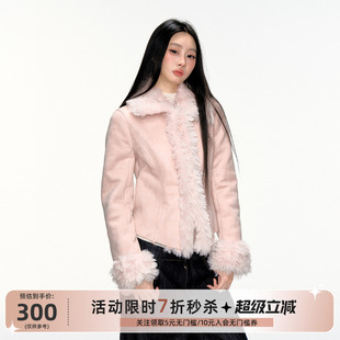 RedBling原创设计秋冬新款粉色短款皮毛一体拼接毛绒外套加绒上衣