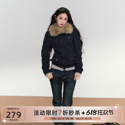 RedBling 原创设计美式复古高级感气质做旧外套修身毛领拼接夹克