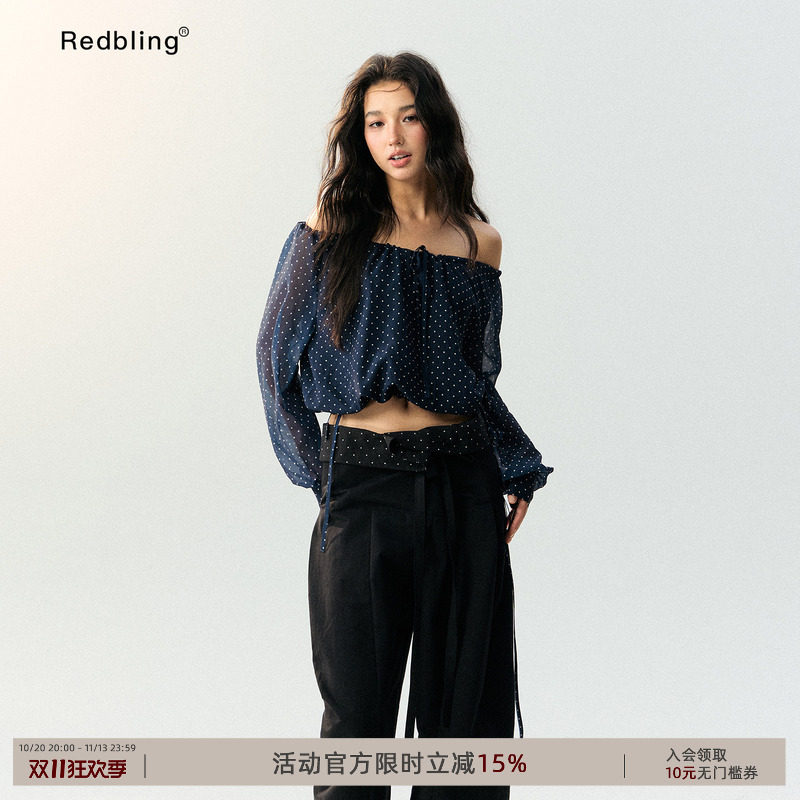 RedBling原创设计露肩抽绳波点雪纺衫辣妹风轻薄上衣百搭甜酷长袖