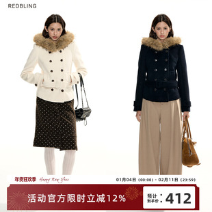 RedBling 原创设计藏蓝白双排扣短款连帽毛呢外套女收腰冬季上衣