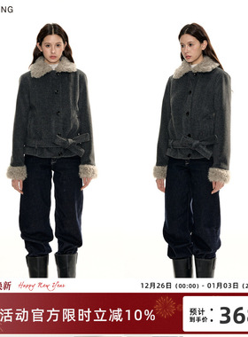 RedBling 原创设计灰色复古正肩绑带毛呢外套女冬季短款棉服外衣