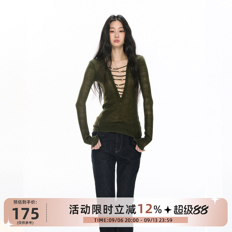RedBling 原创设计新款美式辣妹毛衣修身镂空绑带设计感长袖上衣