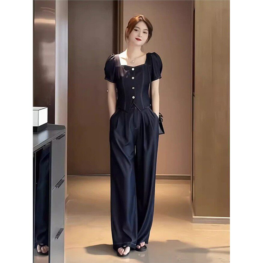 高级感时尚运动套装女夏季韩系方领短袖上衣高腰宽裤休闲 两件式