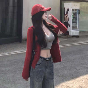 2026早春季新款韩系慵懒学院风红色麻花开衫毛衣女针织衫上衣外套