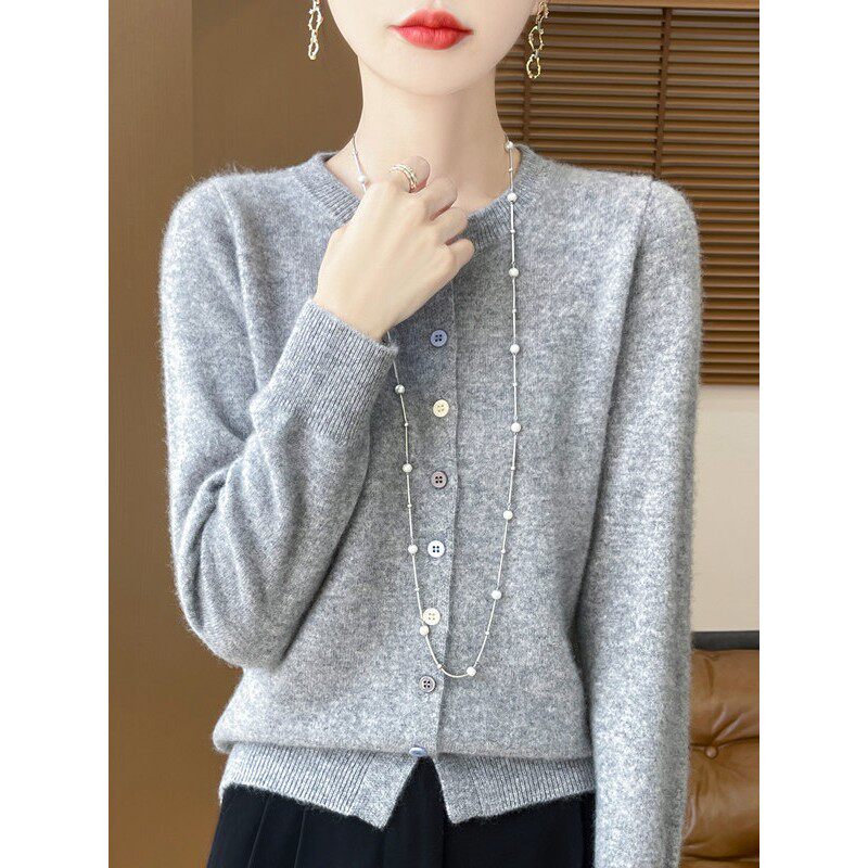 2025秋冬新款圆领羊毛开衫女100纯羊毛针织外套宽松毛衣外搭上衣