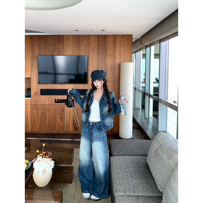 复古水洗翻领长袖牛仔外