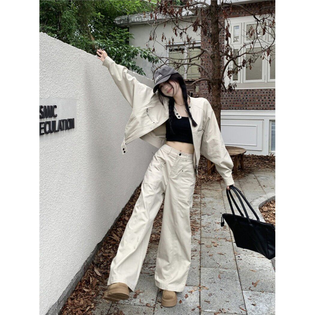 短款长袖工装外套甜酷设计感高腰阔腿长裤女春季2025新款时尚套装