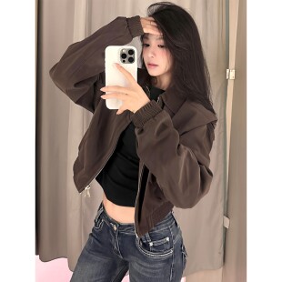 美式覆古棕色短款外套女早秋季高级感小个子宽松显瘦垫肩夹克上衣