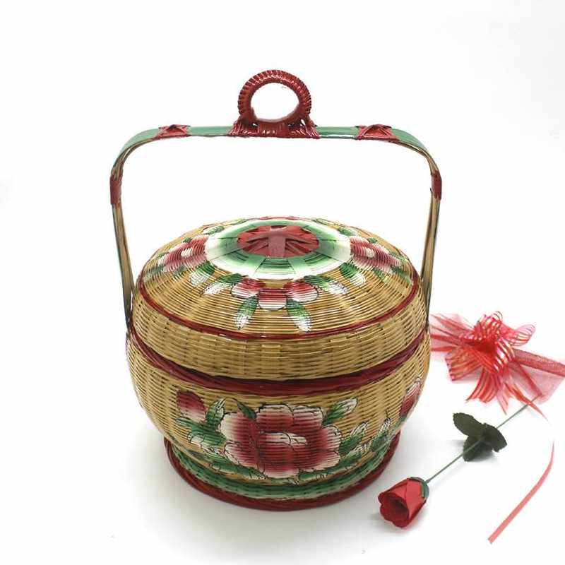 婚嫁纯手工摆件竹篮花篮潮汕竹编传统收纳蓝储物篮彩绘竹艺篮子