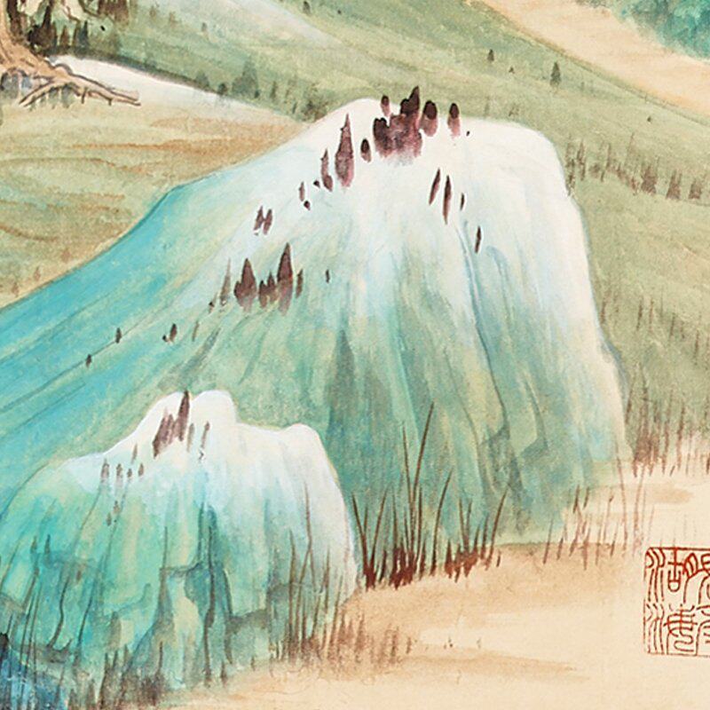 张大千春山溪树图微喷打印近代山水画临摹绢布画稿传统青绿山水画