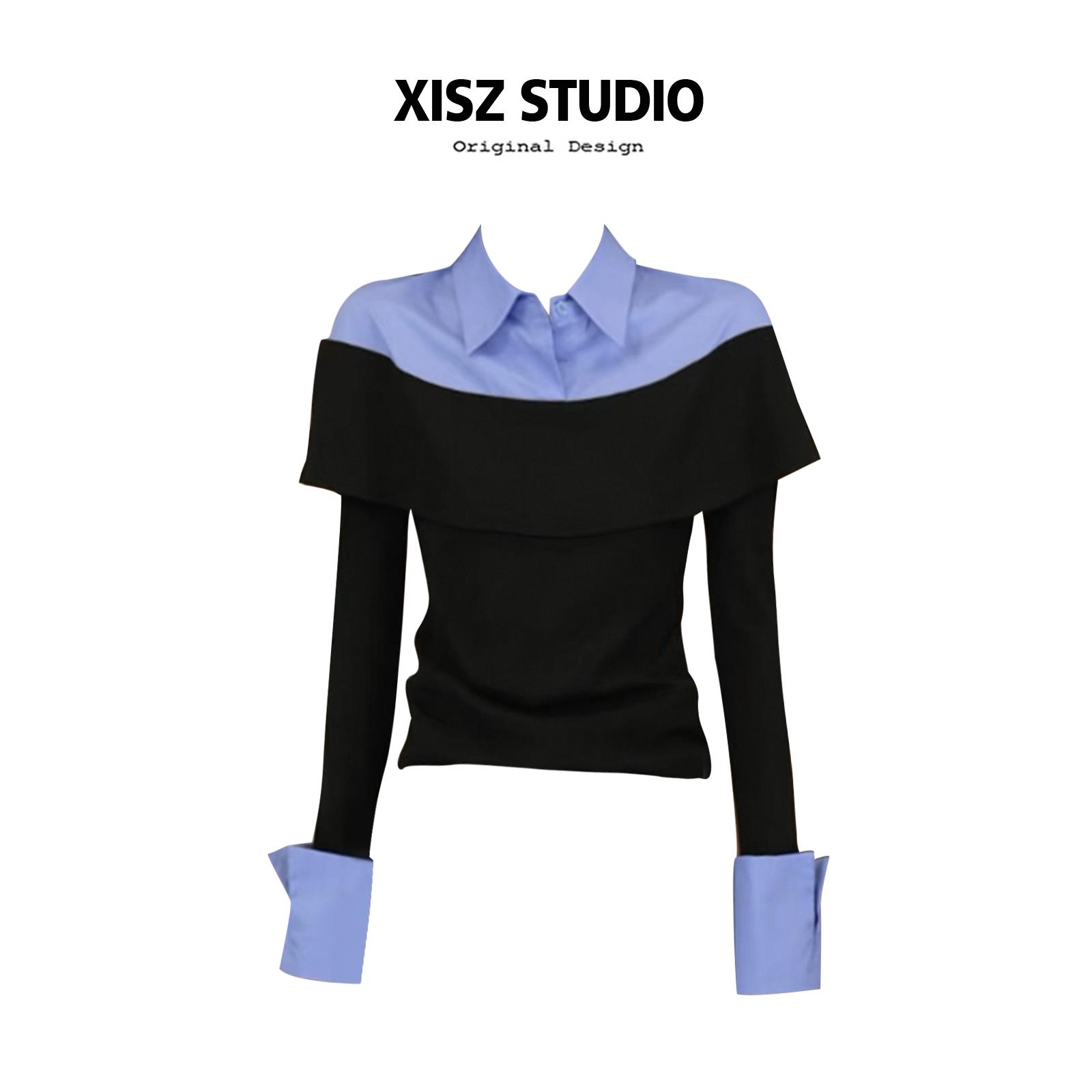 法式气质假两件撞色polo领衬衫女早秋设计感卷边袖口修身显瘦上衣