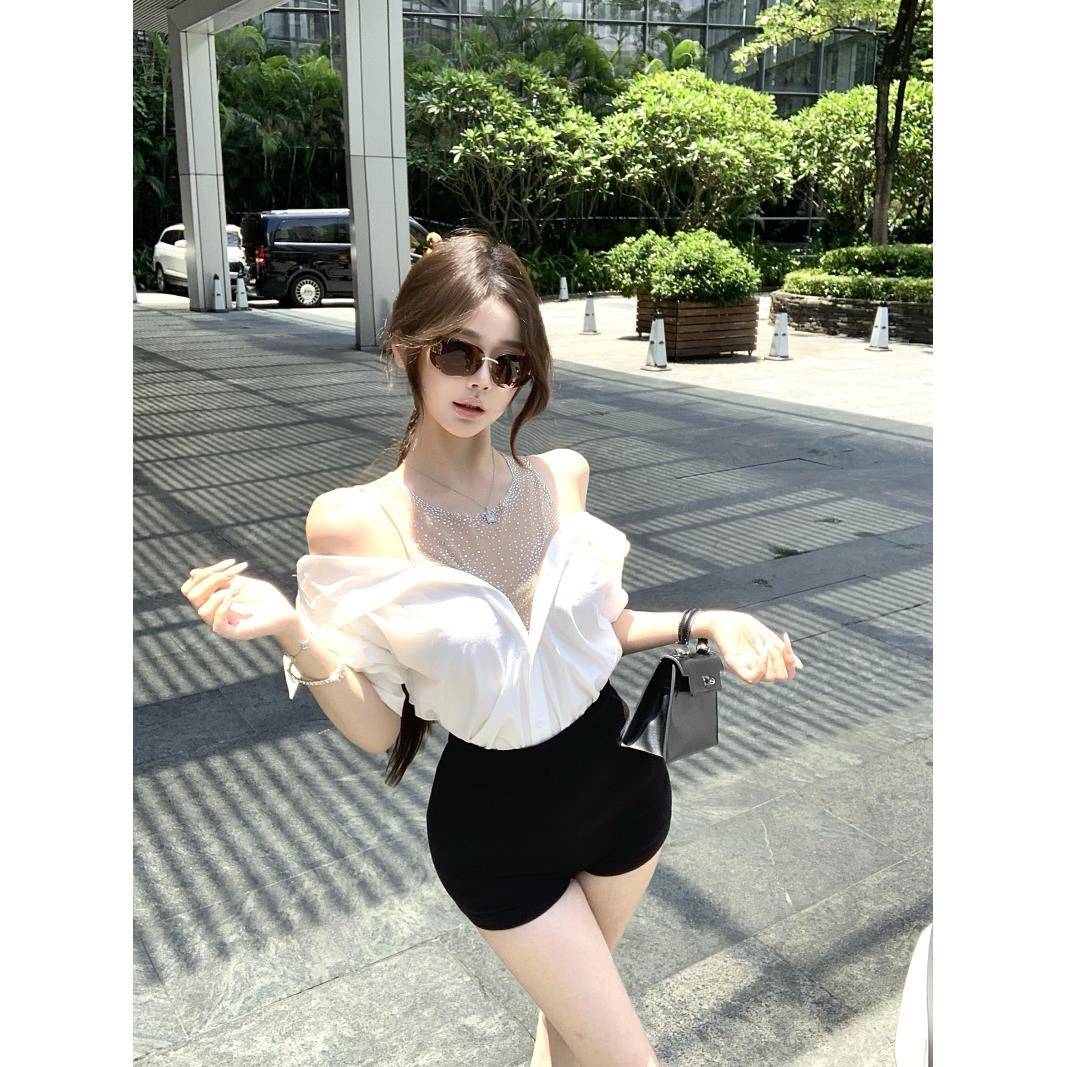 拼接网纱假两件烫钻长袖衬衫女装秋季设计感收腰衬衣白色露肩上衣