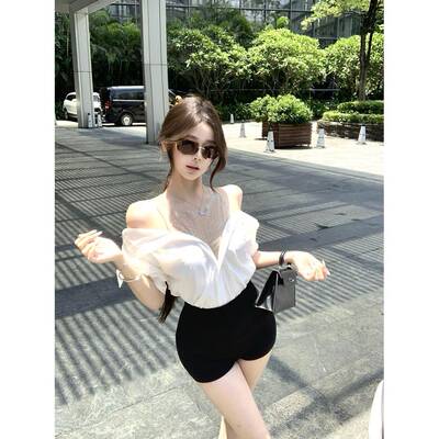拼接网纱假两件烫钻长袖衬衫女装秋季设计感收腰衬衣白色露肩上衣