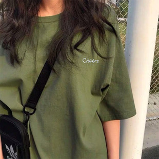 港风字母绣花宽松t恤短袖 女夏季 衣服休闲潮流百搭BF学生套头女装
