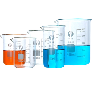 环球实验室高硼硅玻璃烧杯耐高温平底圆底玻璃量杯烧杯带把低型高型玻璃器皿带刻度加厚大容量量杯