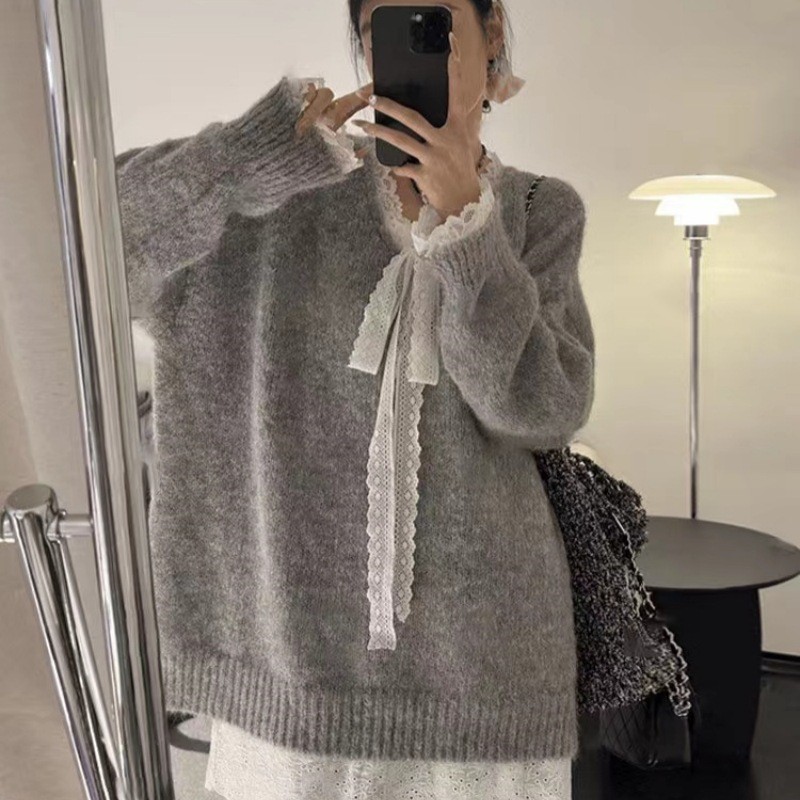 慵懒风巨好看的早秋穿搭毛衣女韩系设计感蕾丝拼接套头宽松针织衫