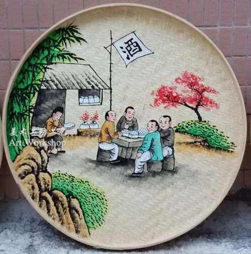 手绘竹编簸箕酒文化酒吧装饰画餐饮酒店墙面挂画酒庄纯酿酒楼素材图片