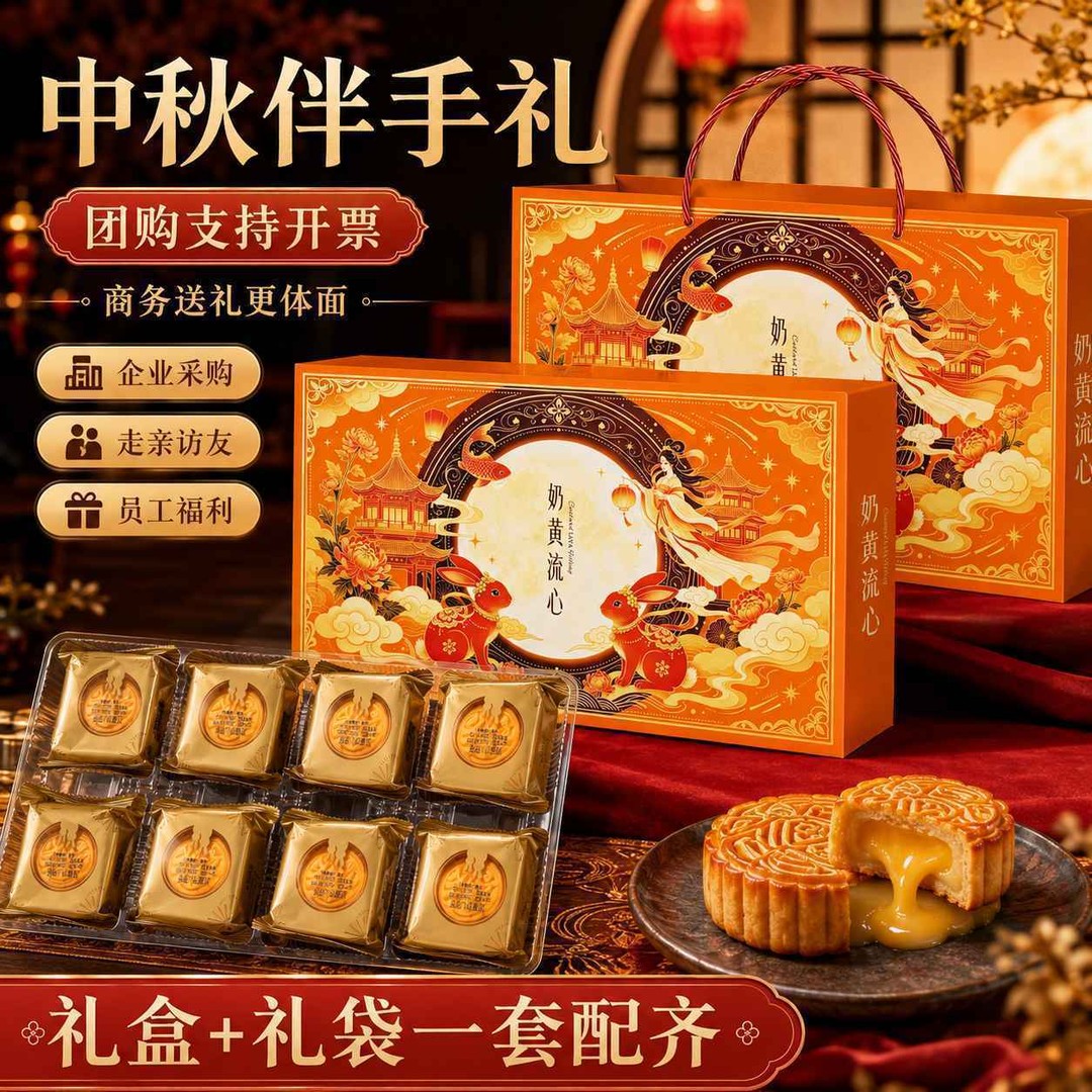 奶黄流心月饼礼盒装豆沙传统港式