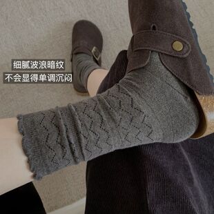 老钱风纯色袜子女中筒棉袜秋冬季女学生长款日系ins潮花边堆堆袜