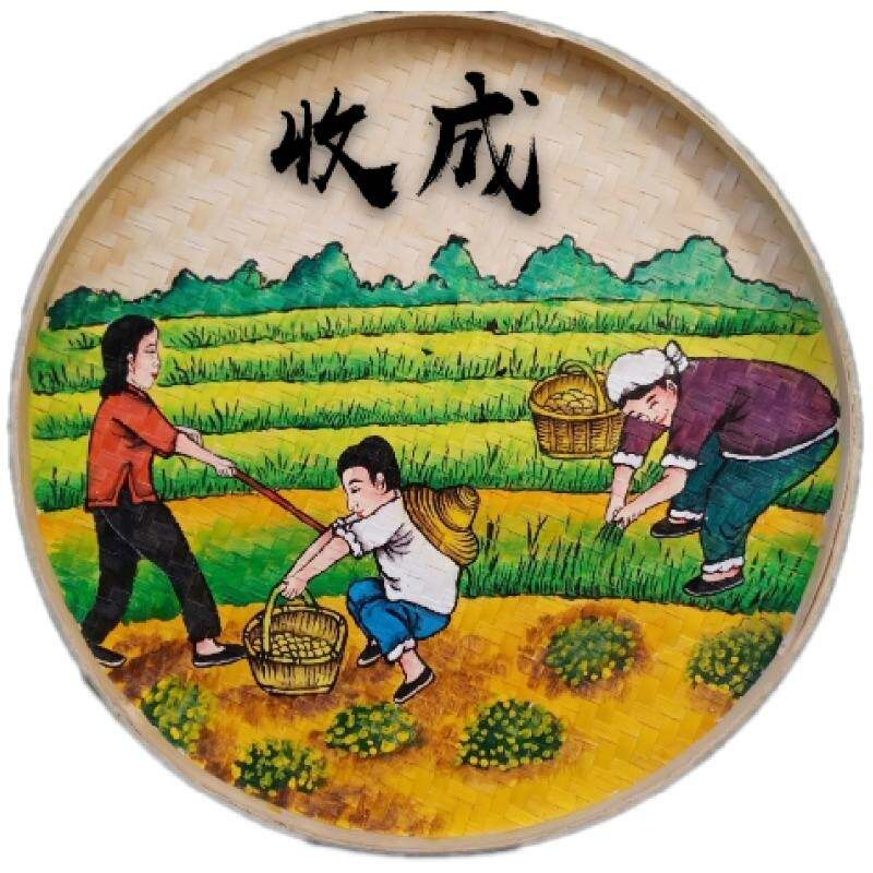 手绘竹编簸箕画农家乐酒楼火锅店田园农耕文化美丽乡村建设素材