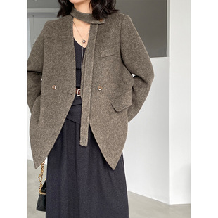 上衣809 百搭廓形老钱风西装 江左 韩系正肩飘带双面毛呢外套女冬季