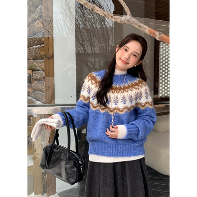 衣尔衫 费尔岛冬日 羊毛氛围感提花毛衣女复古新款韩系冬季0736