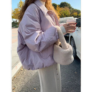 紫色短款棉服女宽松版型休闲小个子2025年冬季新款外套