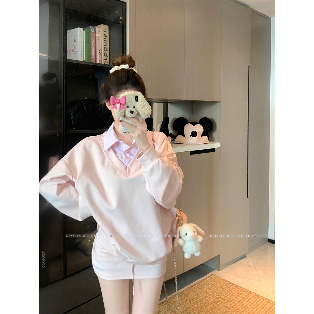假两件长袖棉卫衣加粉色甜美短裙套装二件