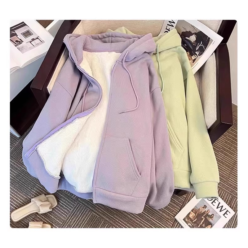 新款加绒卫衣外套女羊羔绒2025新款加厚羊羔绒夹棉初冬棉服女款