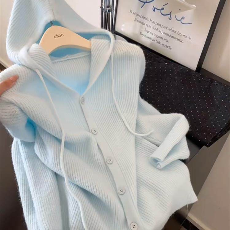 软糯毛衣蓝色连帽长袖针织开衫