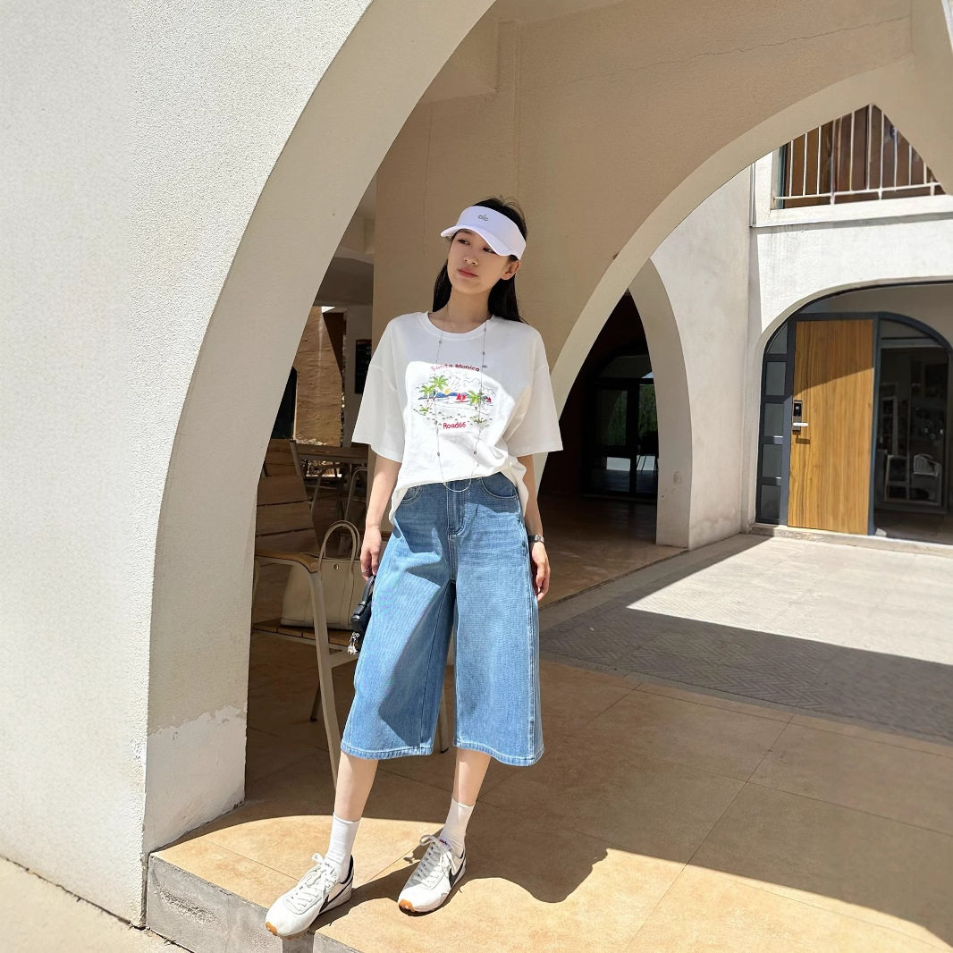 夏季凉感四面弹阔腿七分纯棉牛仔裤高腰宽松中长裤女