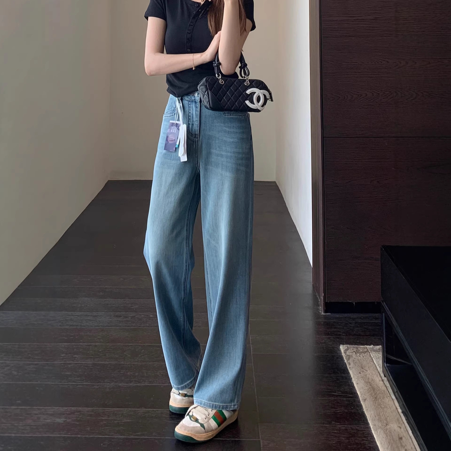 版型正显腿长高腰窄版浅蓝色阔腿牛仔裤女春夏2026新款