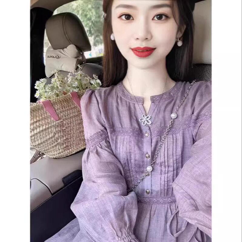 紫色连衣裙女春秋季2025新款法式圆领长袖超好看气质长裙