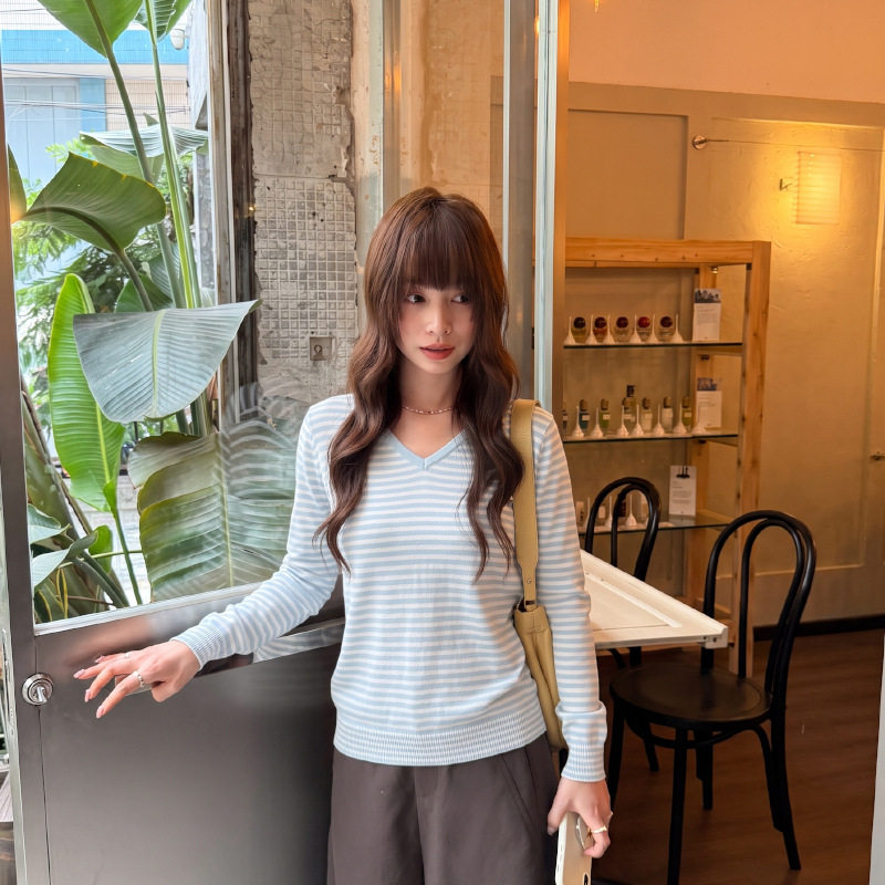 2026年秋季新款条纹V领女休闲撞色细条纹软糯针织长袖上衣女