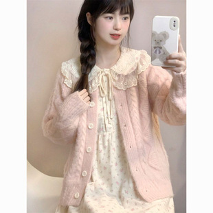 春季穿搭一整套甜美小个子碎花娃娃领连衣裙女学生+粉色开衫外套