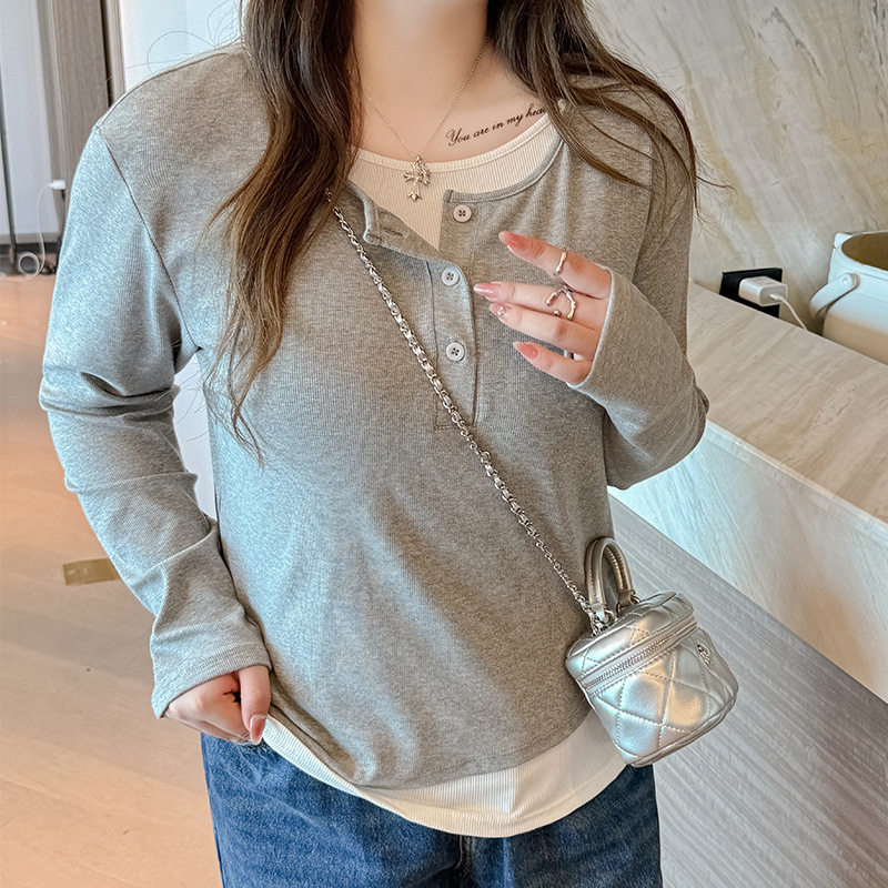 严选大码早秋新款假两件灰色打底衫女内搭长袖上衣可外穿