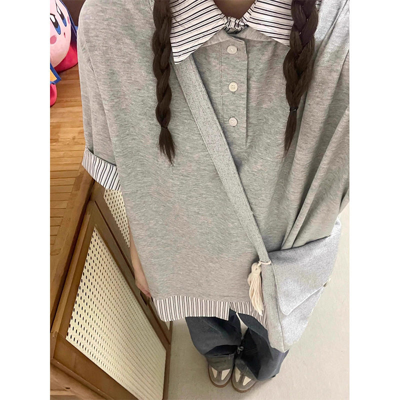 条纹Polo衫学院风短袖t恤女学生学院风夏季纯棉假两件半袖上衣