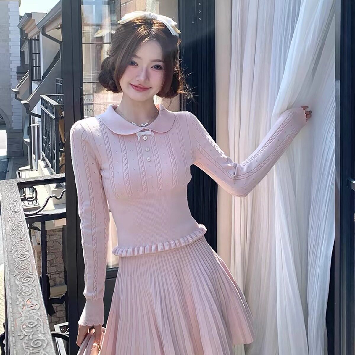 富家千金感娃娃领针织套装女秋冬季超好看修身显瘦内搭毛衣两件套