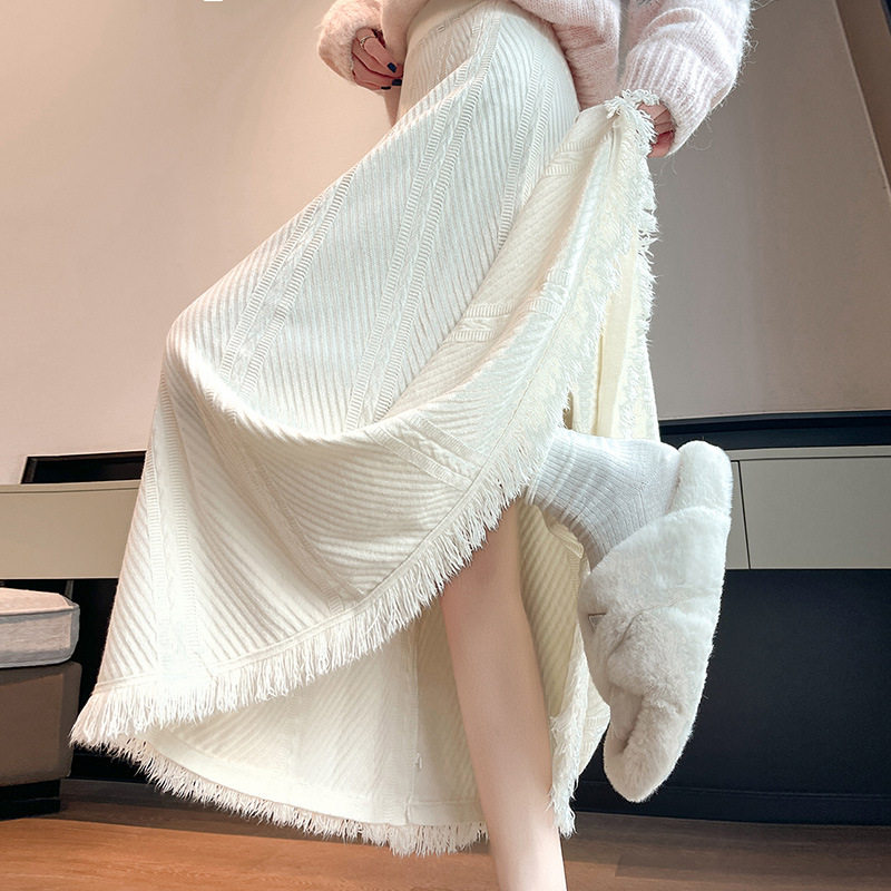白色流苏针织半身裙女2025秋冬新款高腰显瘦中长款大摆伞裙