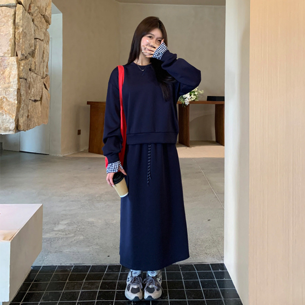 2026春季宽松运动半身裙两件套藏青色休闲卫衣套装裙