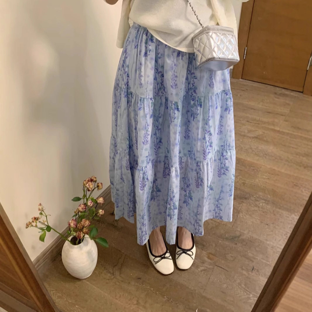 碎花百褶半身裙女秋季松紧高腰显瘦中长款百搭垂感大摆伞裙