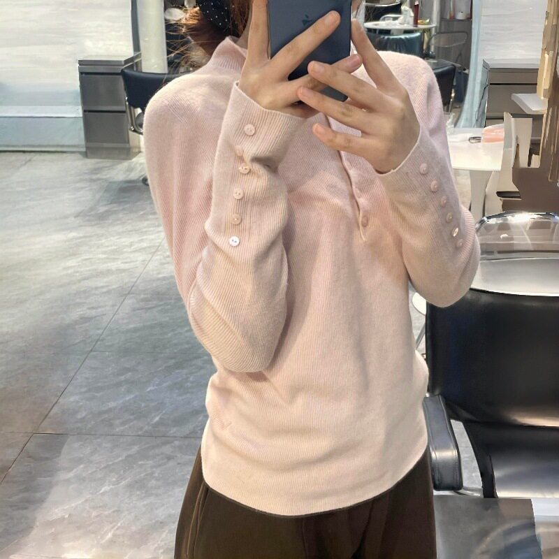 粉色纽扣半高领长袖针织衫女春秋新款慵懒风保暖上衣