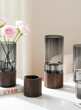 北欧简约玻璃花瓶木质底座摆件