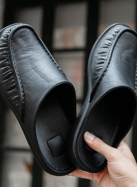 夏季包头半拖鞋男时尚韩版个性男士皮凉鞋潮流透气无后跟懒人凉拖